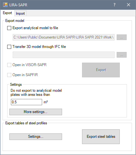 LIRA-SAPR (Export/Import) dialog box
